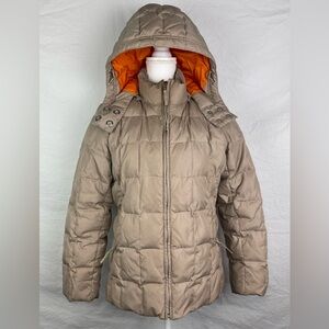 Women's Vintage GAP Down Puffer Jacket-M-Tan & Orange-Zip-Hood-Pockets-Collar